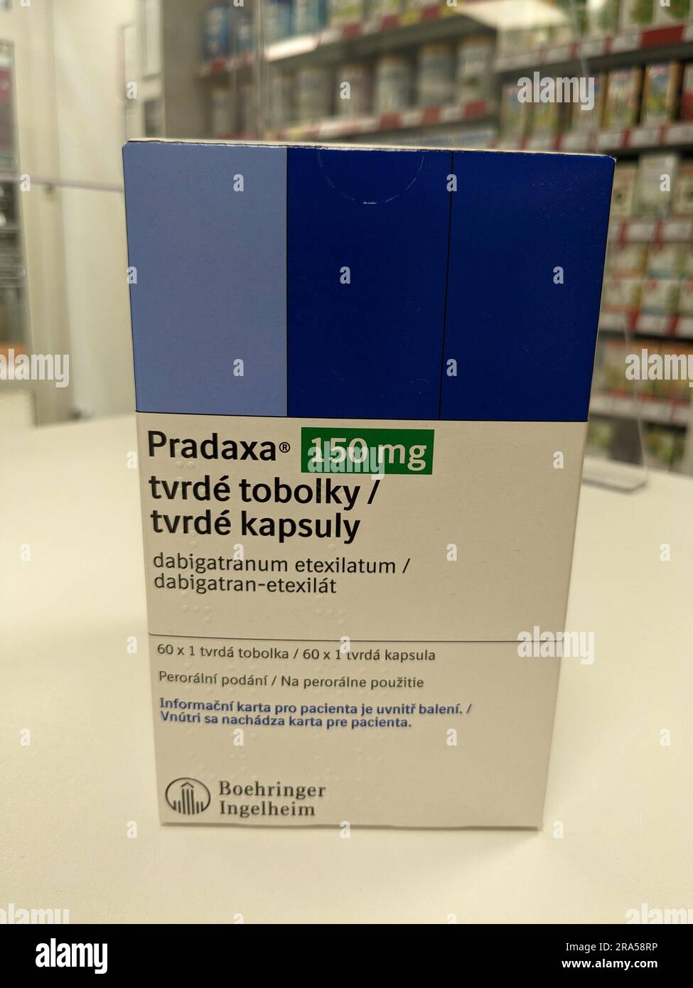 Praga, repubblica Ceca - 22 giugno 2023:Box Pradaxa of tablets.dabigatran as Active Subspance, repubblica Ceca, unione europea Foto Stock