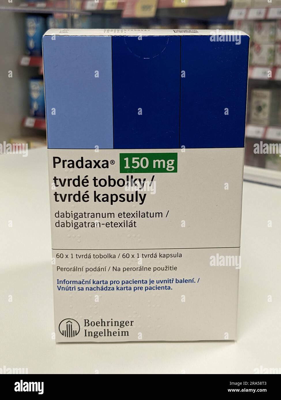 Praga, repubblica Ceca - 22 giugno 2023:Box Pradaxa of tablets.dabigatran as Active Subspance, repubblica Ceca, unione europea Foto Stock