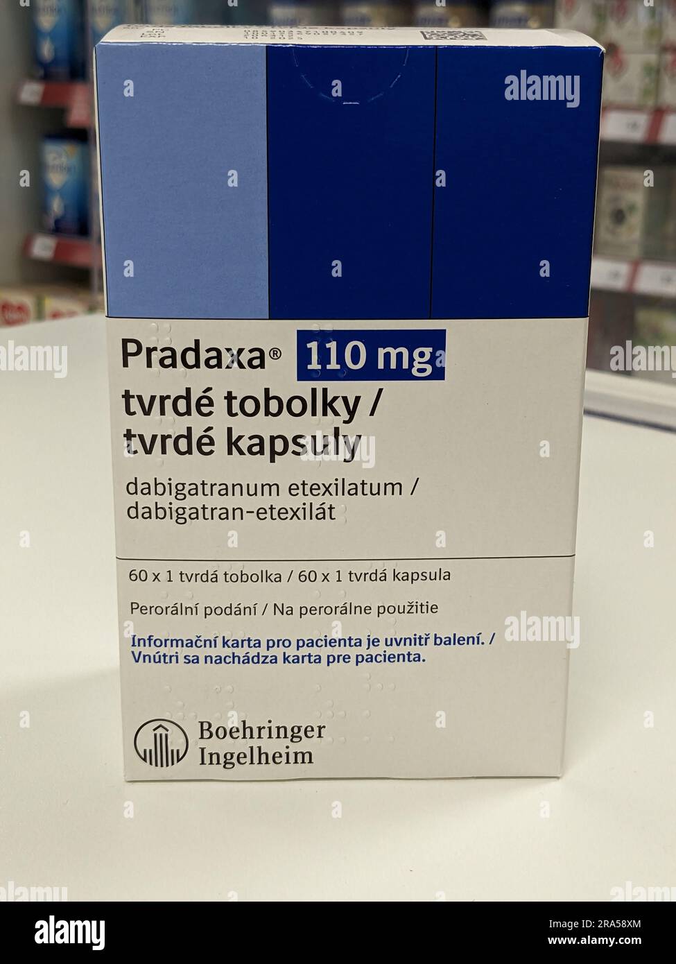 Praga, repubblica Ceca - 22 giugno 2023:Box Pradaxa of tablets.dabigatran as Active Subspance, repubblica Ceca, unione europea Foto Stock