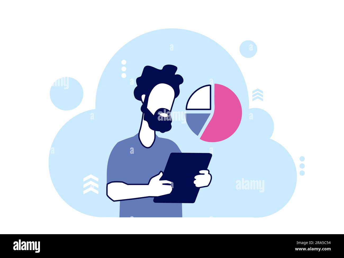 Vettore di un giovane con un tablet che analizza il report sul traffico dei dati del sito web Illustrazione Vettoriale