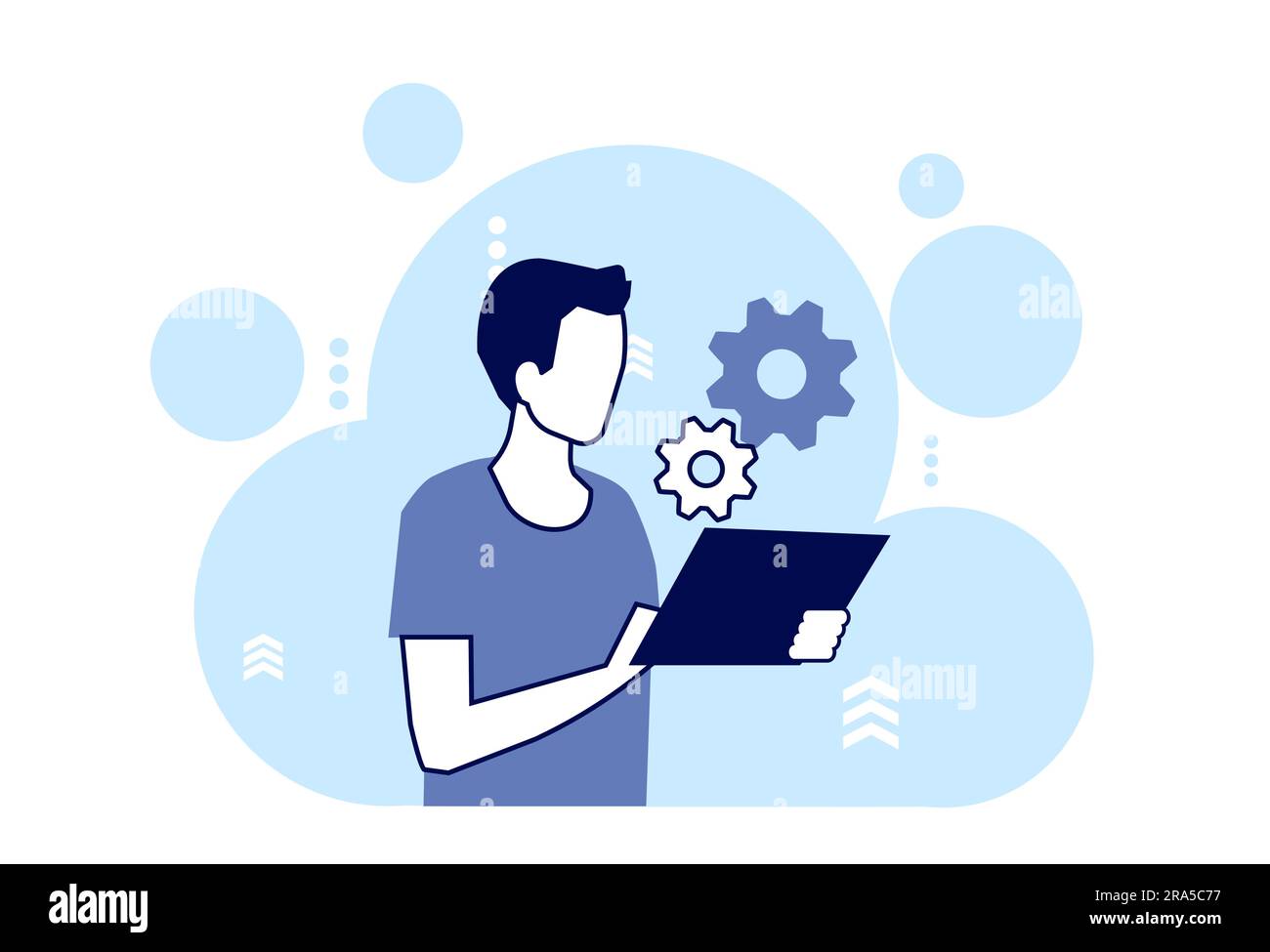 Vettore di un giovane che aggiorna il software dei tablet Illustrazione Vettoriale