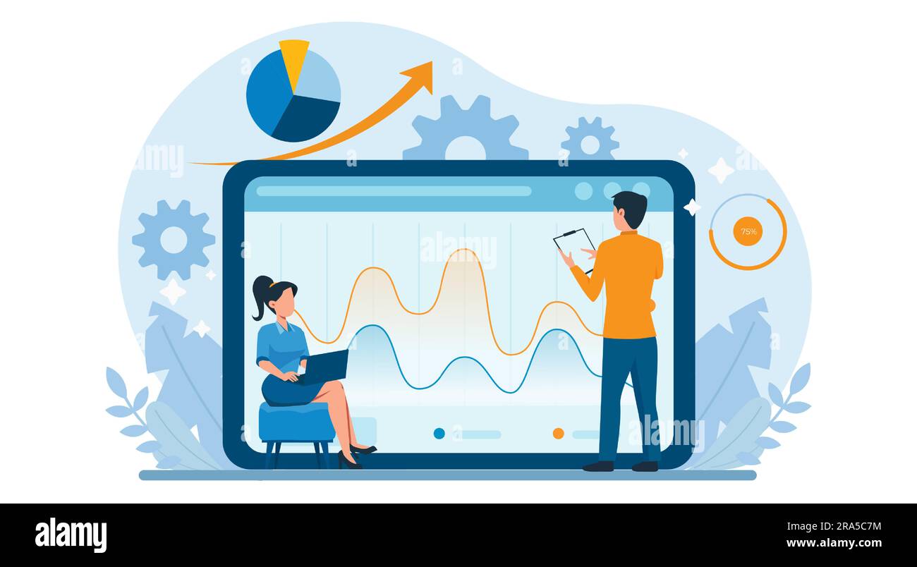Vettore di un uomo e una donna che legge report di dati digitali che analizza la grafica finanziaria Illustrazione Vettoriale