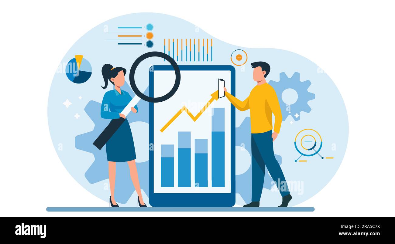 Vettore di un uomo e una donna che legge report di dati digitali che analizza la grafica finanziaria Illustrazione Vettoriale