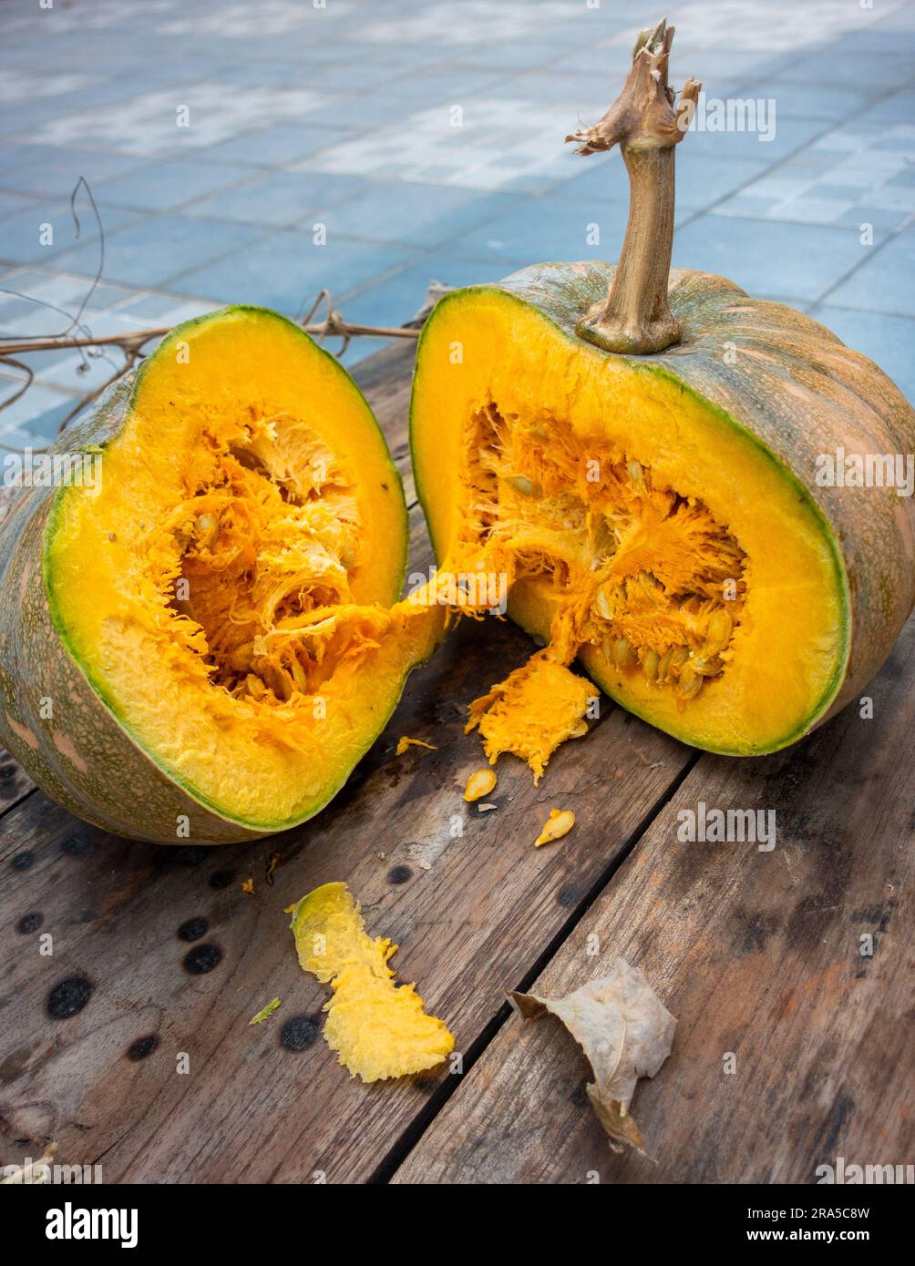 Ripresa ravvicinata della zucca con ceppo di vite in due metà con polpa interna esposta. India Foto Stock