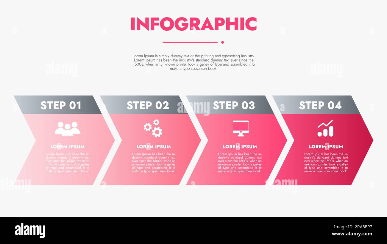 Il modello infografico per la visualizzazione dei dati delle presentazioni e delle funzioni include un diagramma di processo con diagrammi, passaggi e opzioni. Il concetto di marketi Foto Stock