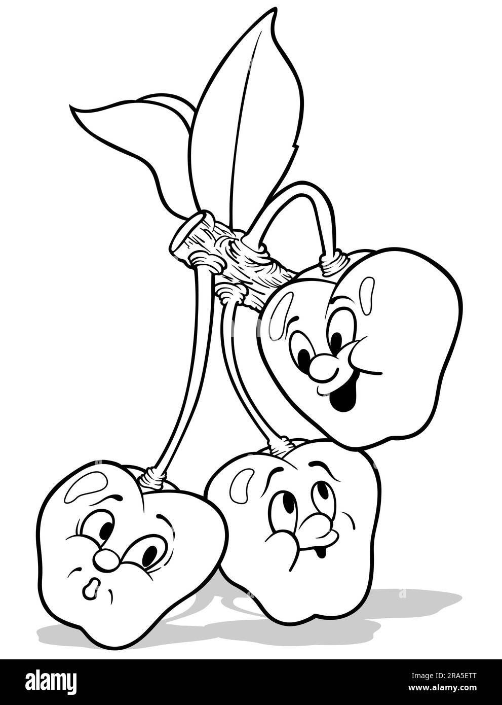 Disegno di tre ciliegie con facce su un Twig Illustrazione Vettoriale