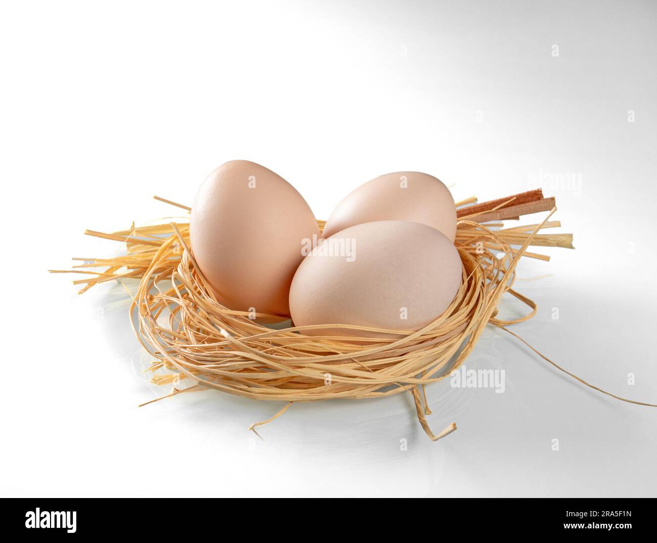 Tre uova di gallina in un nido di paglia in primo piano su sfondo bianco. Foto Stock