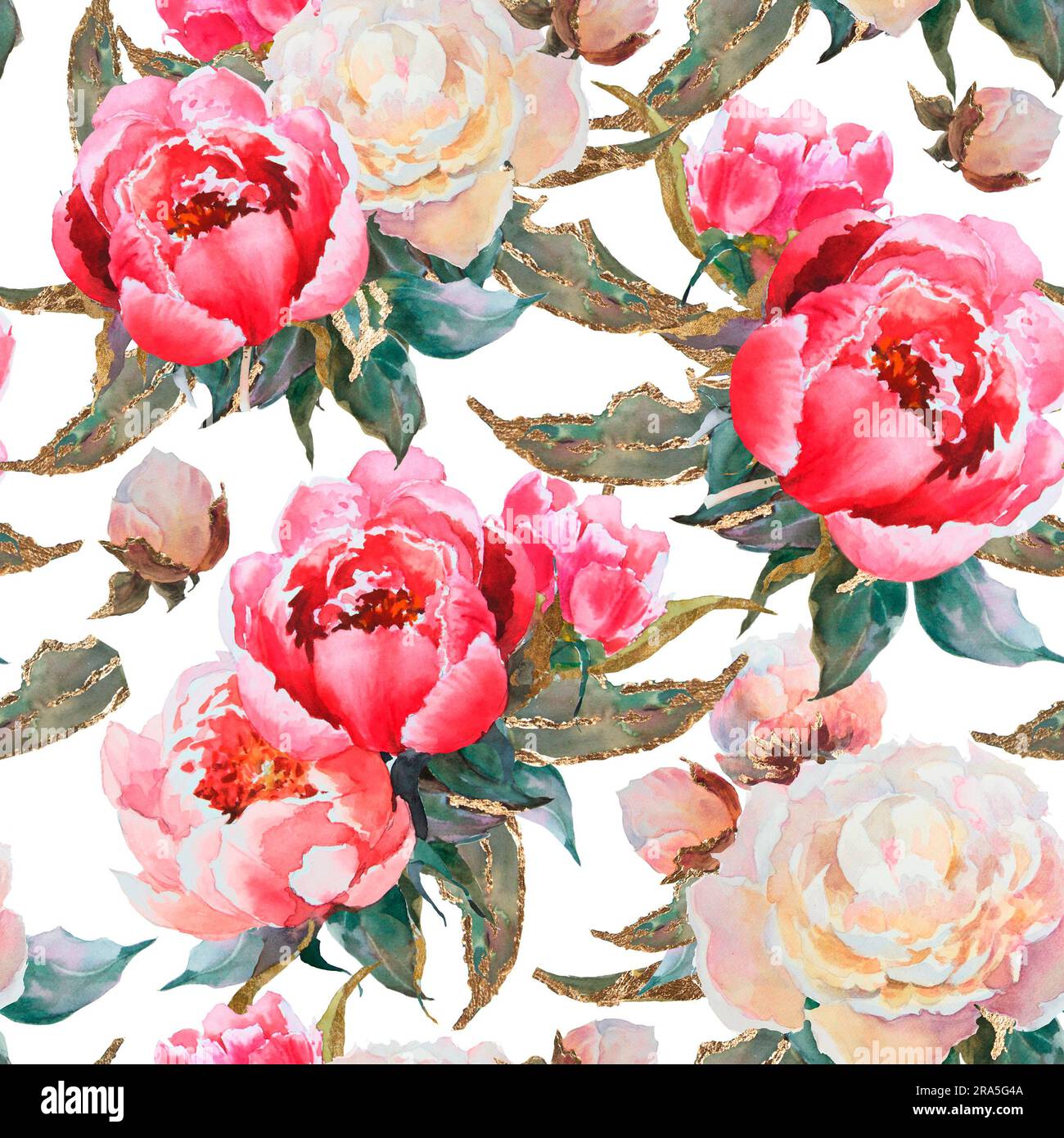 Motivo floreale ad acquerello senza cuciture con foglie verdi, fiori di peonie rosa, rami di foglie. Inviti di nozze, sfondi, sfondi, moda Foto Stock