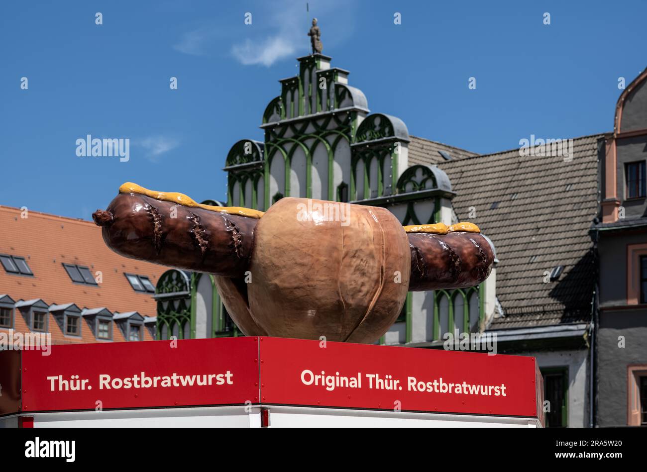 Bancarelle pubblicitarie Thueringer Rostbratwurst, Market Place, Weimar, Turingia, Germania Foto Stock