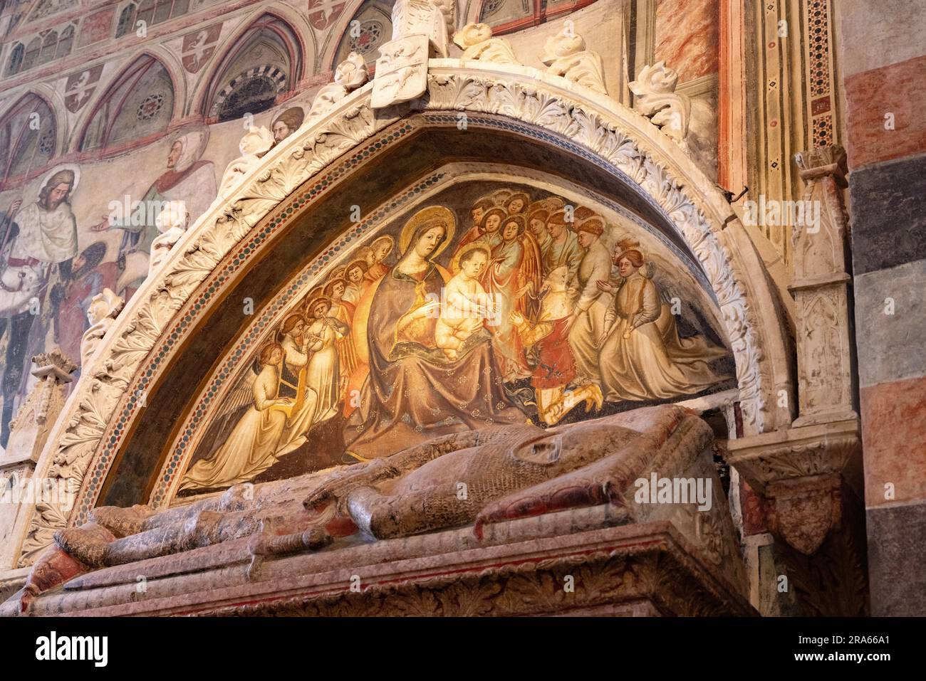 Cappella cavalli, Basilica di Sant'Anastasia, interno, Verona Italia. Pittura nella lunetta di Martino da Verona, arte italiana del XIV secolo. Foto Stock