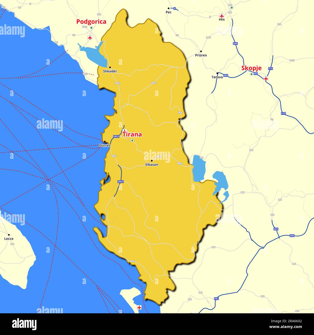 Mappa dell'Albania con le strade principali e le autostrade Foto Stock