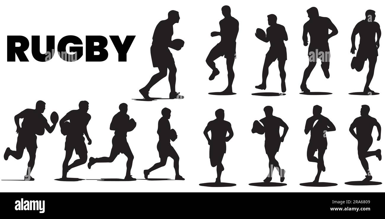 Un set di illustrazioni vettoriali di silhouette Rugby Player Illustrazione Vettoriale
