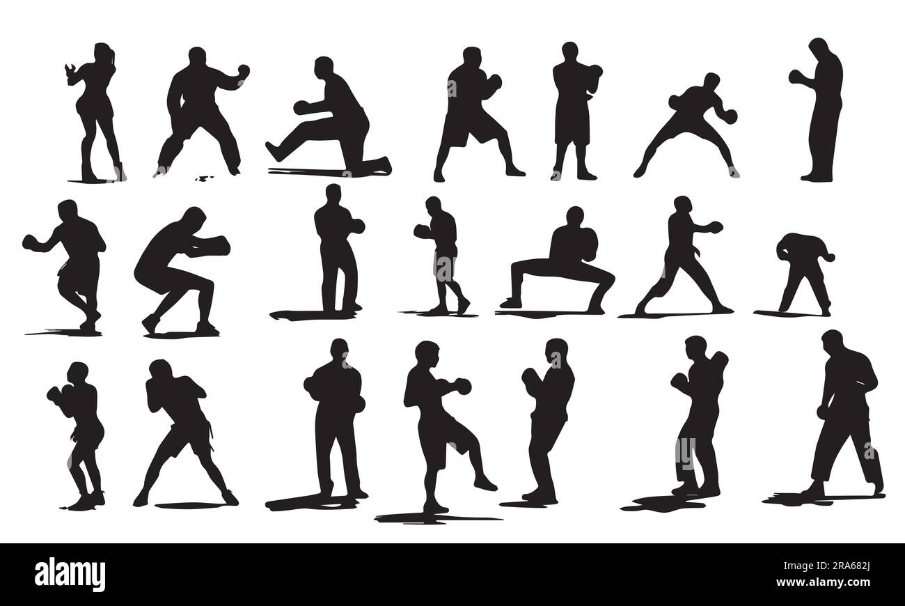Una serie di illustrazioni vettoriali di silhouette Boxing Player Illustrazione Vettoriale