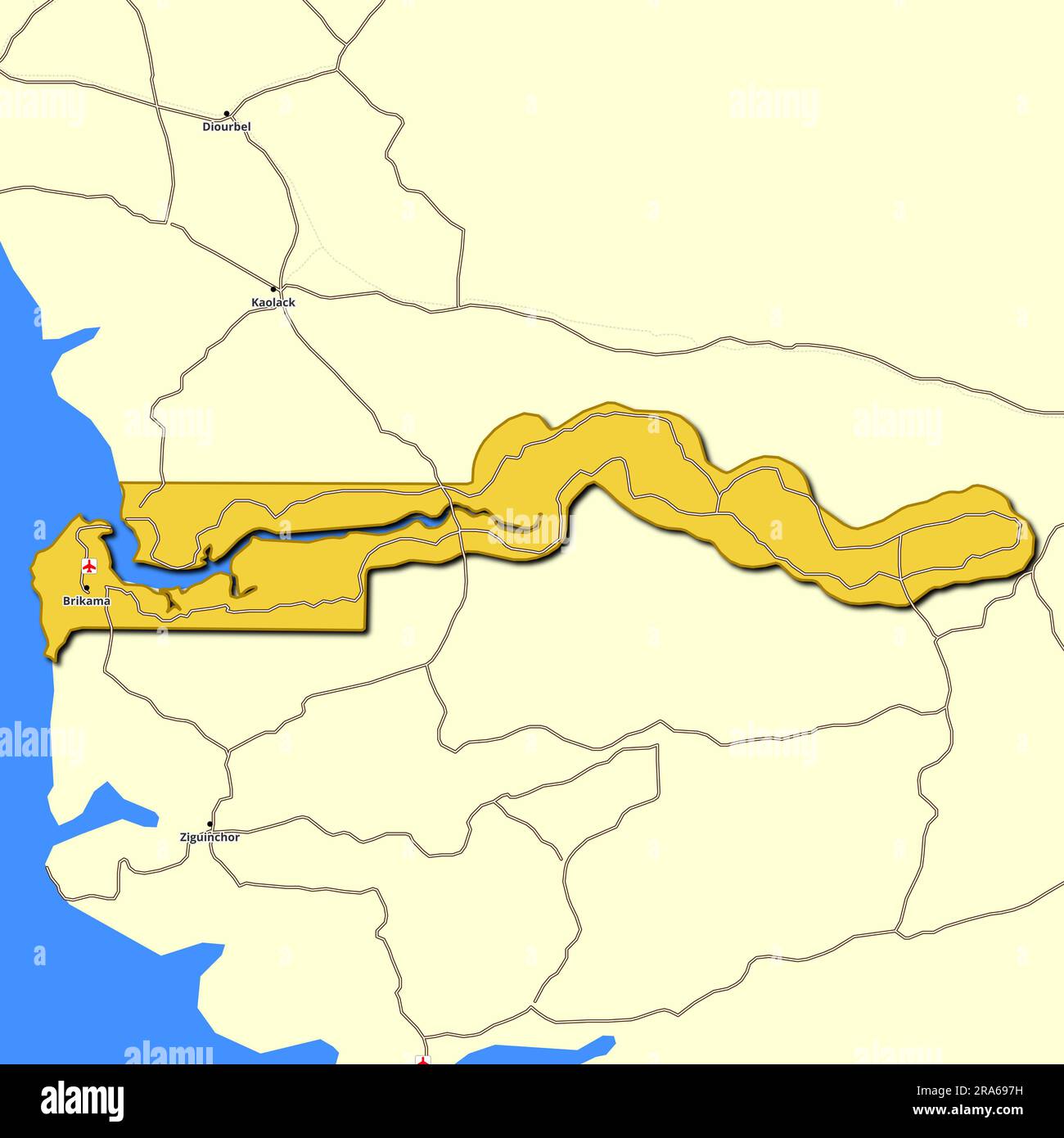 Mappa del Gambia con le strade principali e le autostrade Foto Stock