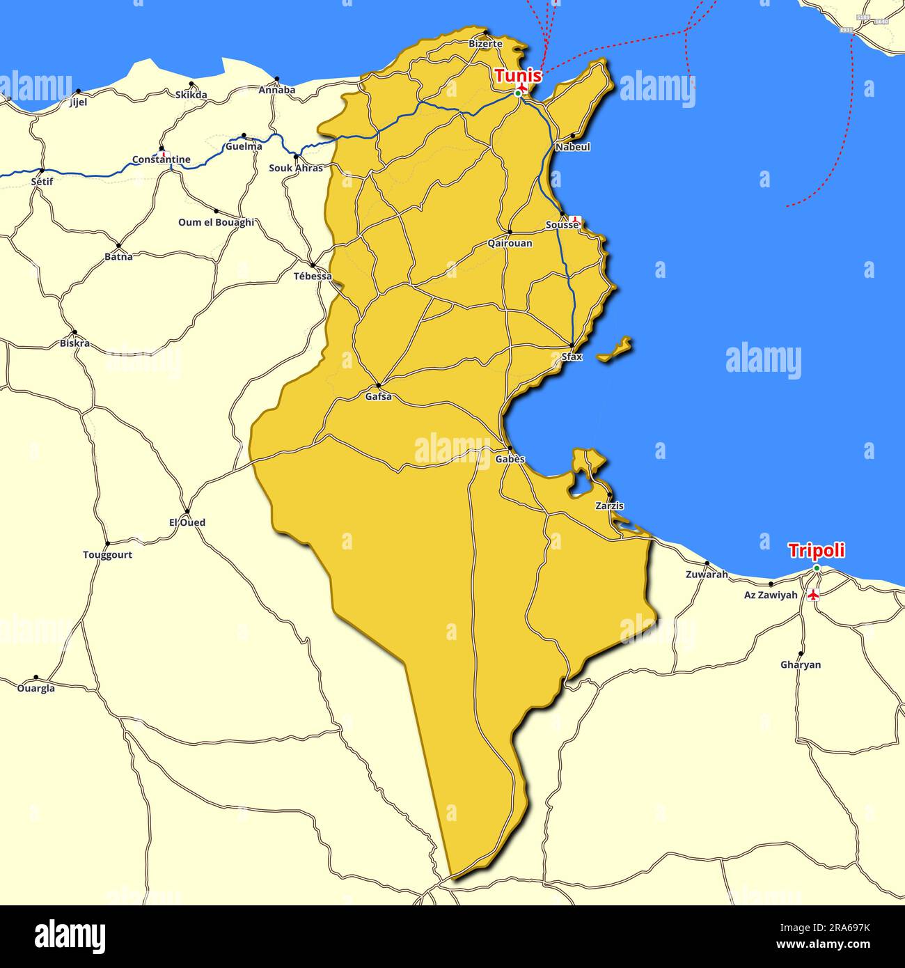 Mappa della Tunisia con le strade principali e le autostrade Foto Stock