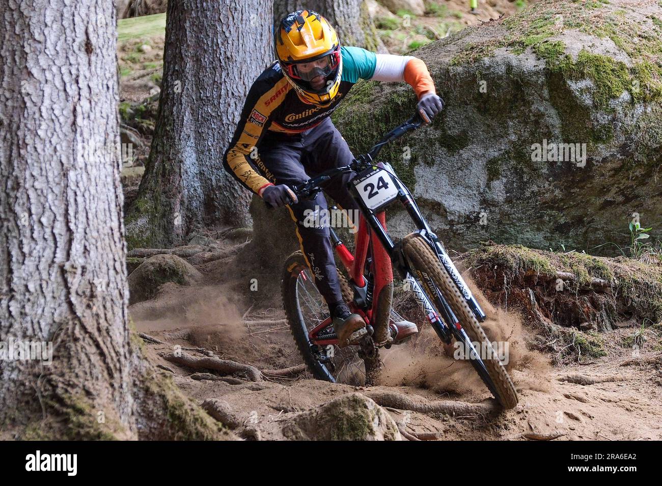 Ronan Dunne (IRL) in azione durante la gara DH Elite Men, alla UCI MTB World Cup 2023, tappa Val di Sole il 1° luglio 2023 in Val di Sole, Trento, Italia. Credito: Live Media Publishing Group/Alamy Live News Foto Stock