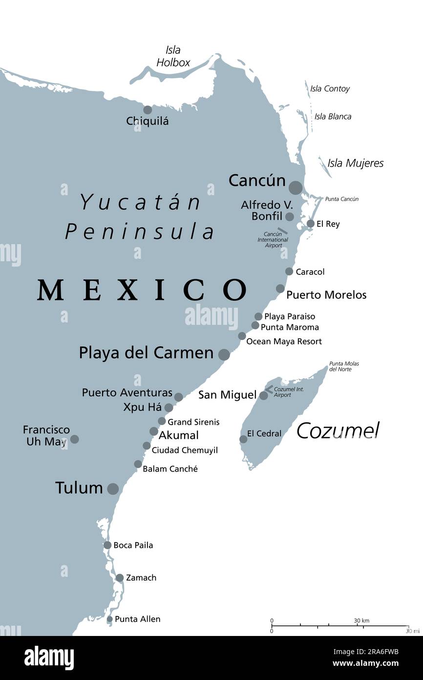 Cancun, Cozumel e Riviera Maya, Messico, mappa politica grigia. Cancun, città sulla costa della penisola dello Yucatan, a nord della Riviera Maya, un resort sulla costa caraibica. Foto Stock