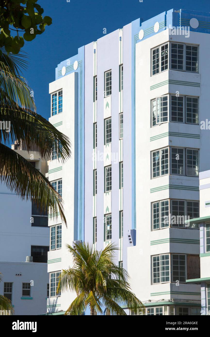Miami Beach, Florida, USA. Alta facciata del Park Central Hotel, Ocean Drive, Miami Beach Architectural District, South Beach. Foto Stock