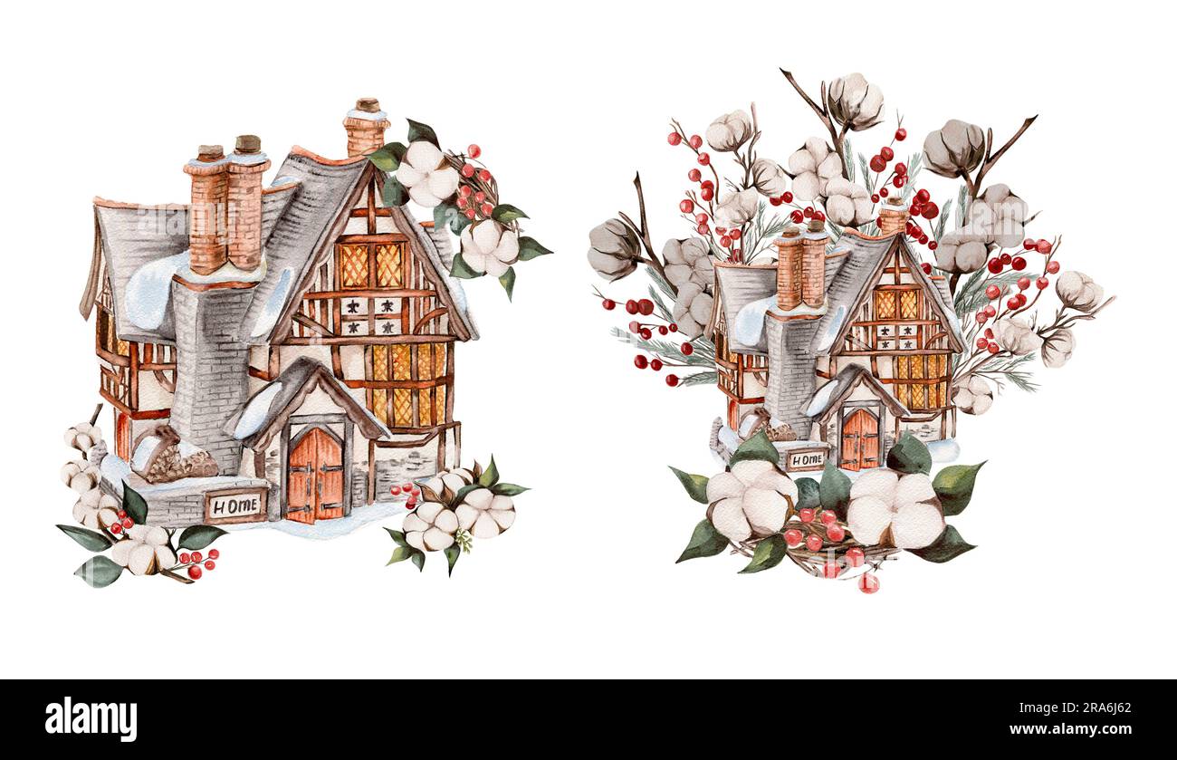 Casa invernale acquerello con tetto coperto di neve e rami di cotone. Immagine disegnata a mano di un cottage invernale per inviti, biglietti d'auguri, pri Foto Stock Casa invernale acquerello con tetto coperto di neve e rami di cotone. Immagine disegnata a mano di un cottage invernale per inviti, biglietti d'auguri, pri Foto Stock