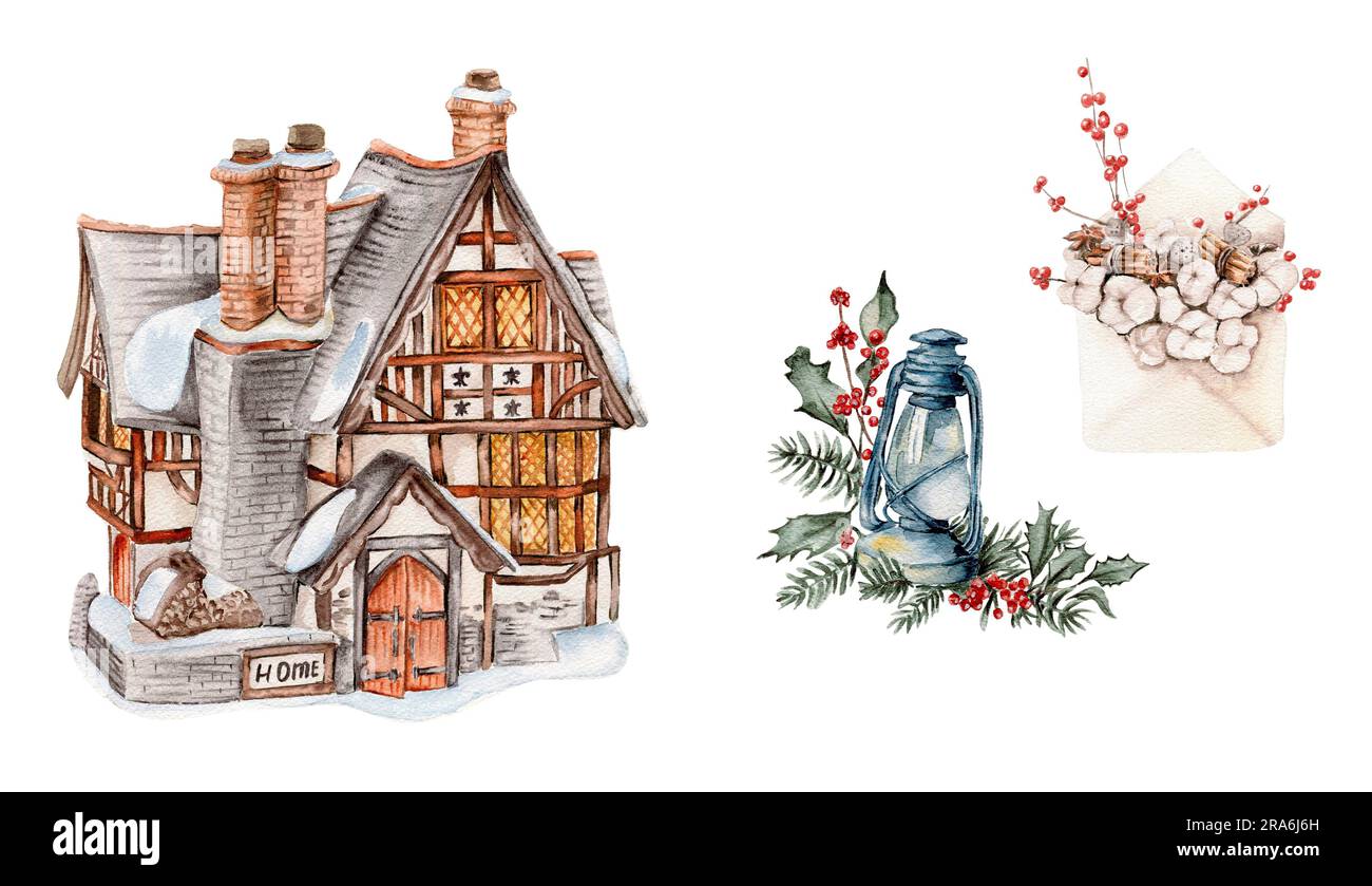 Casa con tetto coperto di neve, lampada, involucro e rami di cotone. Immagine disegnata a mano di un cottage invernale per gli inviti, saluto Foto Stock Casa con tetto coperto di neve, lampada, involucro e rami di cotone. Immagine disegnata a mano di un cottage invernale per gli inviti, saluto Foto Stock
