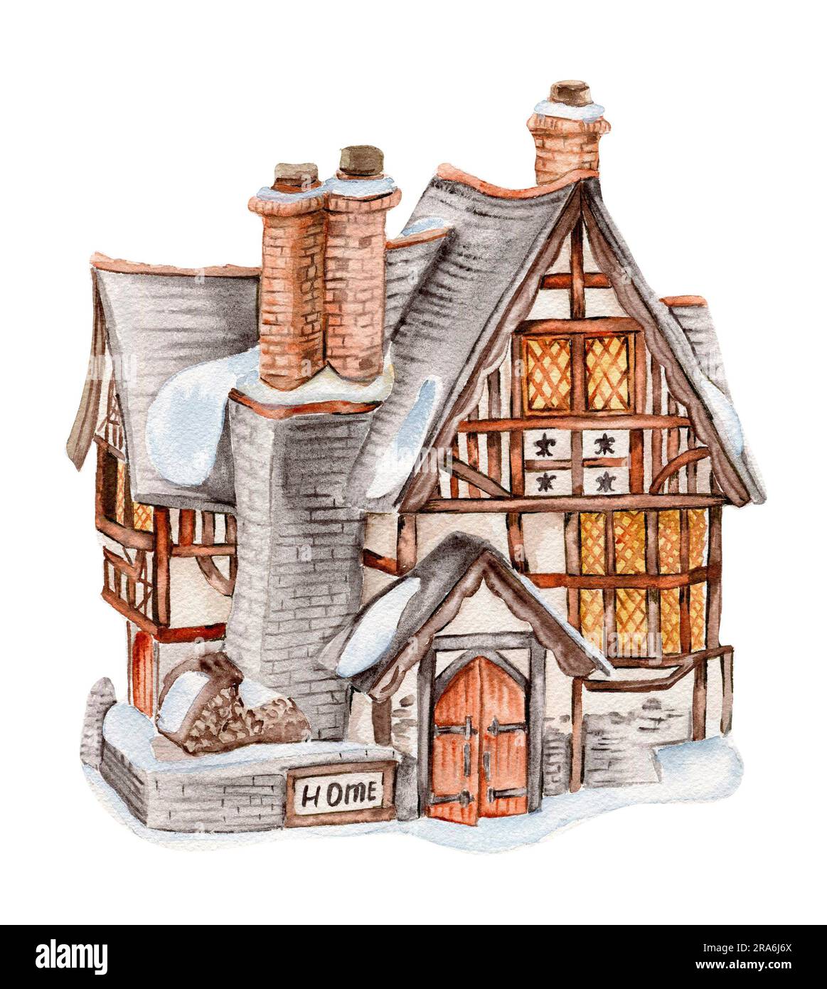 Casa invernale acquerello con tetto coperto di neve. Illustrazione disegnata a mano di un cottage invernale per inviti, biglietti di auguri, stampe, confezioni. Merr Foto Stock Casa invernale acquerello con tetto coperto di neve. Illustrazione disegnata a mano di un cottage invernale per inviti, biglietti di auguri, stampe, confezioni. Merr Foto Stock