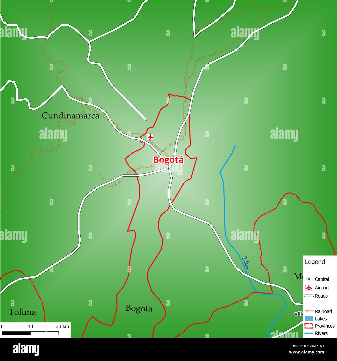 Mappa della capitale Bogotà con le principali strade, fiumi, laghi, aree urbane e nomi delle contee vicine Foto Stock