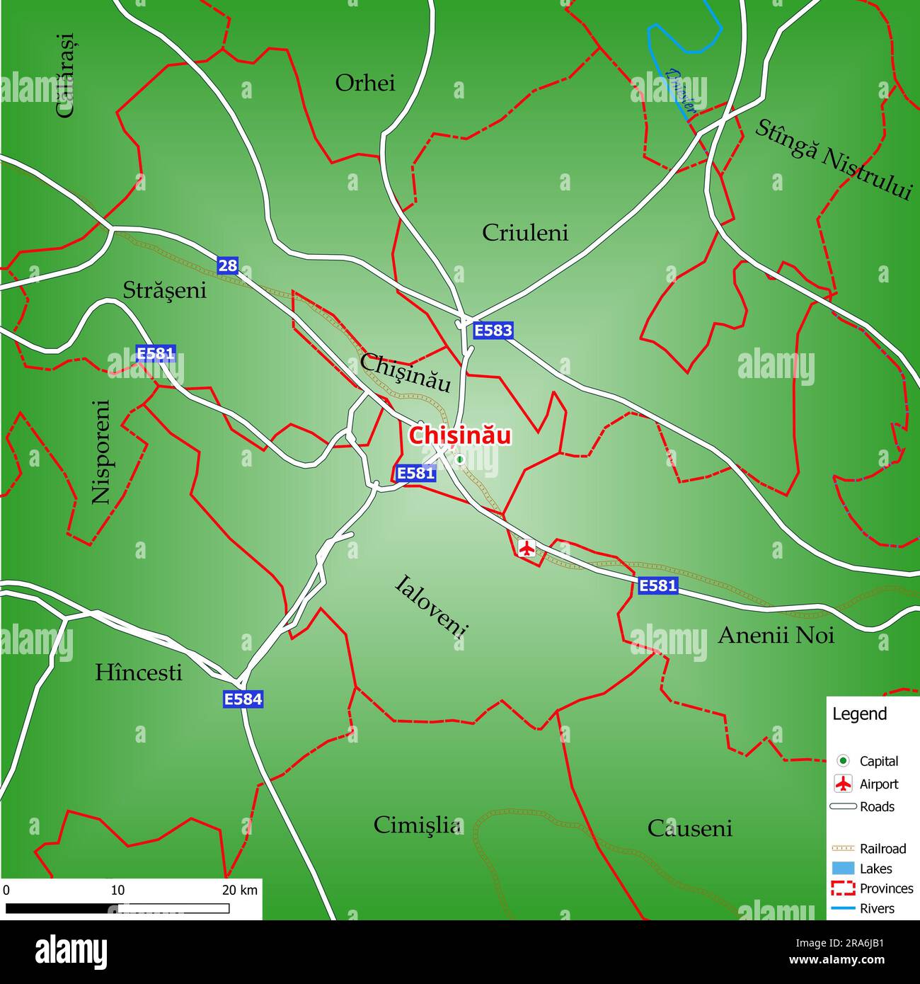 Mappa della capitale Chișinău con le principali strade, fiumi, laghi, aree urbane e nomi delle contee vicine Foto Stock