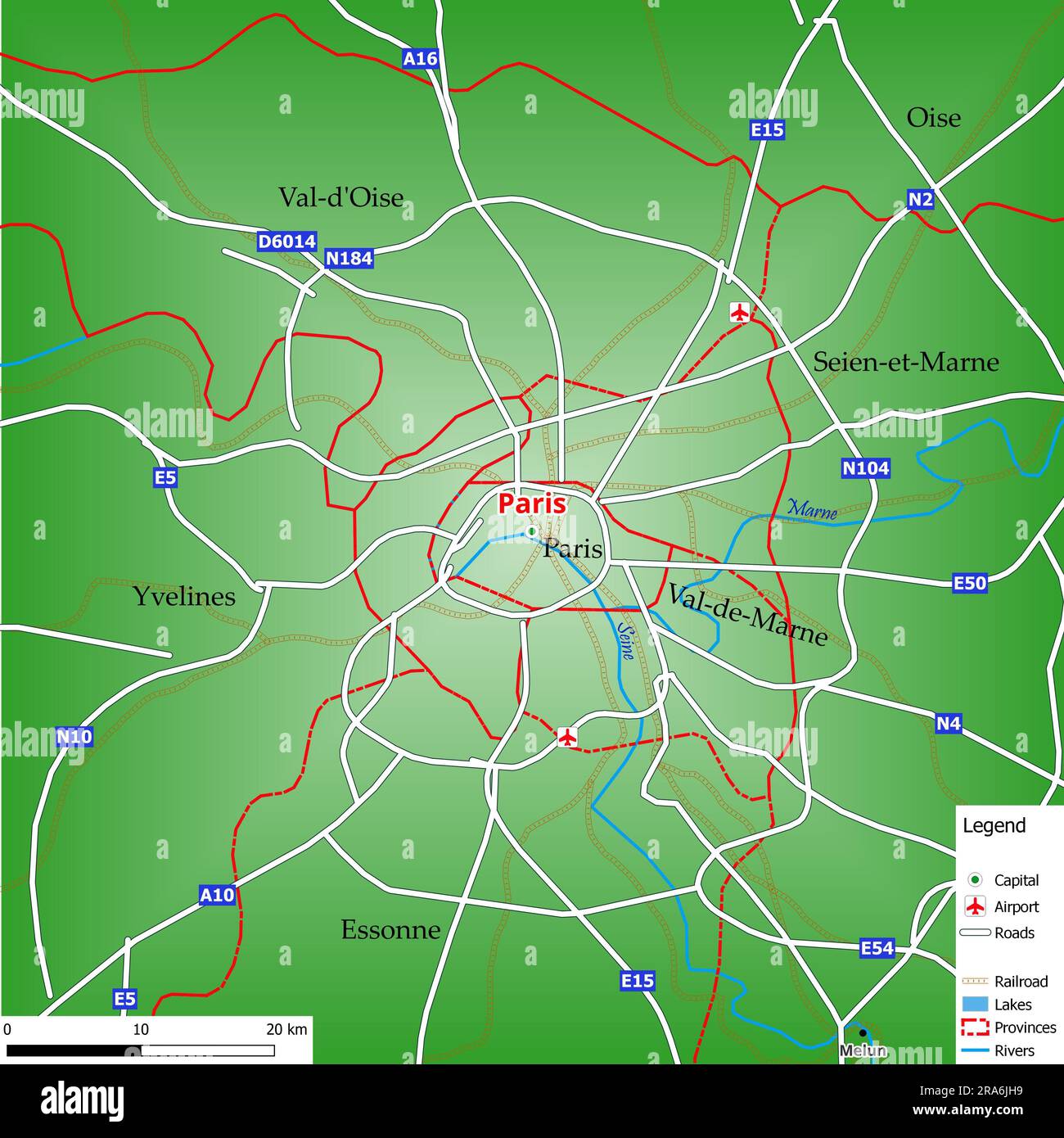 Mappa della capitale Parigi con le principali strade, fiumi, laghi, aree urbane e nomi delle contee vicine Foto Stock