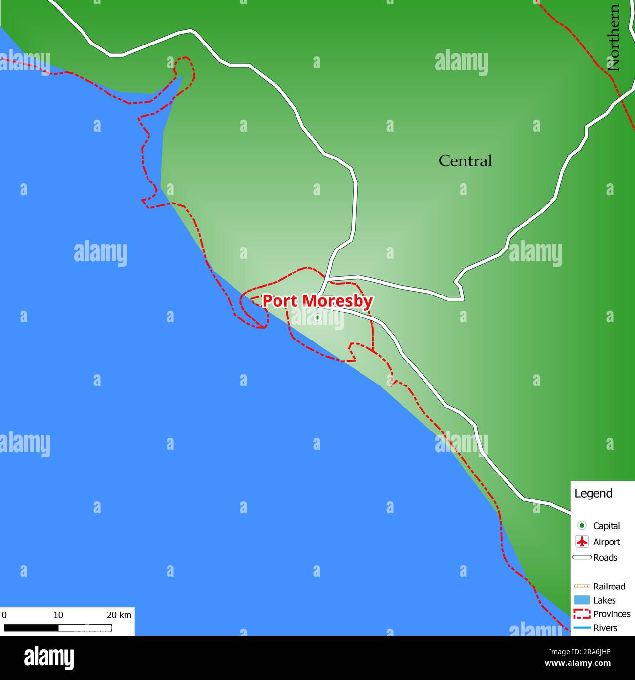 Mappa della capitale Port Moresby con le strade principali, i fiumi, i laghi, le aree urbane e i nomi delle contee nelle vicinanze Foto Stock