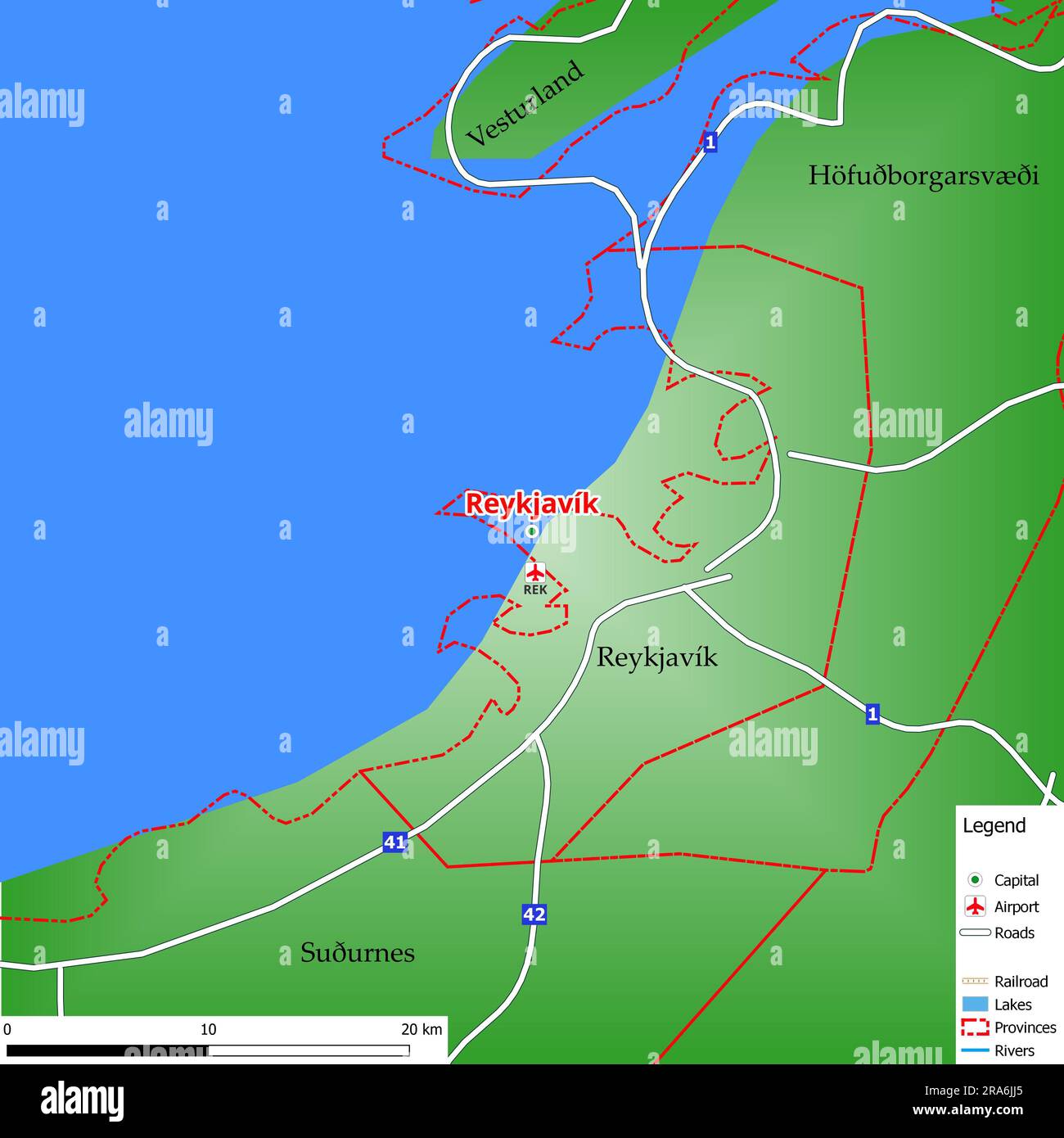 Mappa della capitale Reykjavík con le principali strade, fiumi, laghi, aree urbane e nomi delle contee vicine Foto Stock