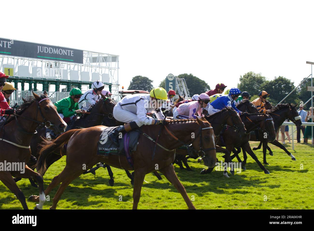 Fantini e i loro cavalli che lasciano i cancelli di partenza durante la Juddmonte British EBF Fillies' Restricted Novice Stakes Race a York. Foto Stock