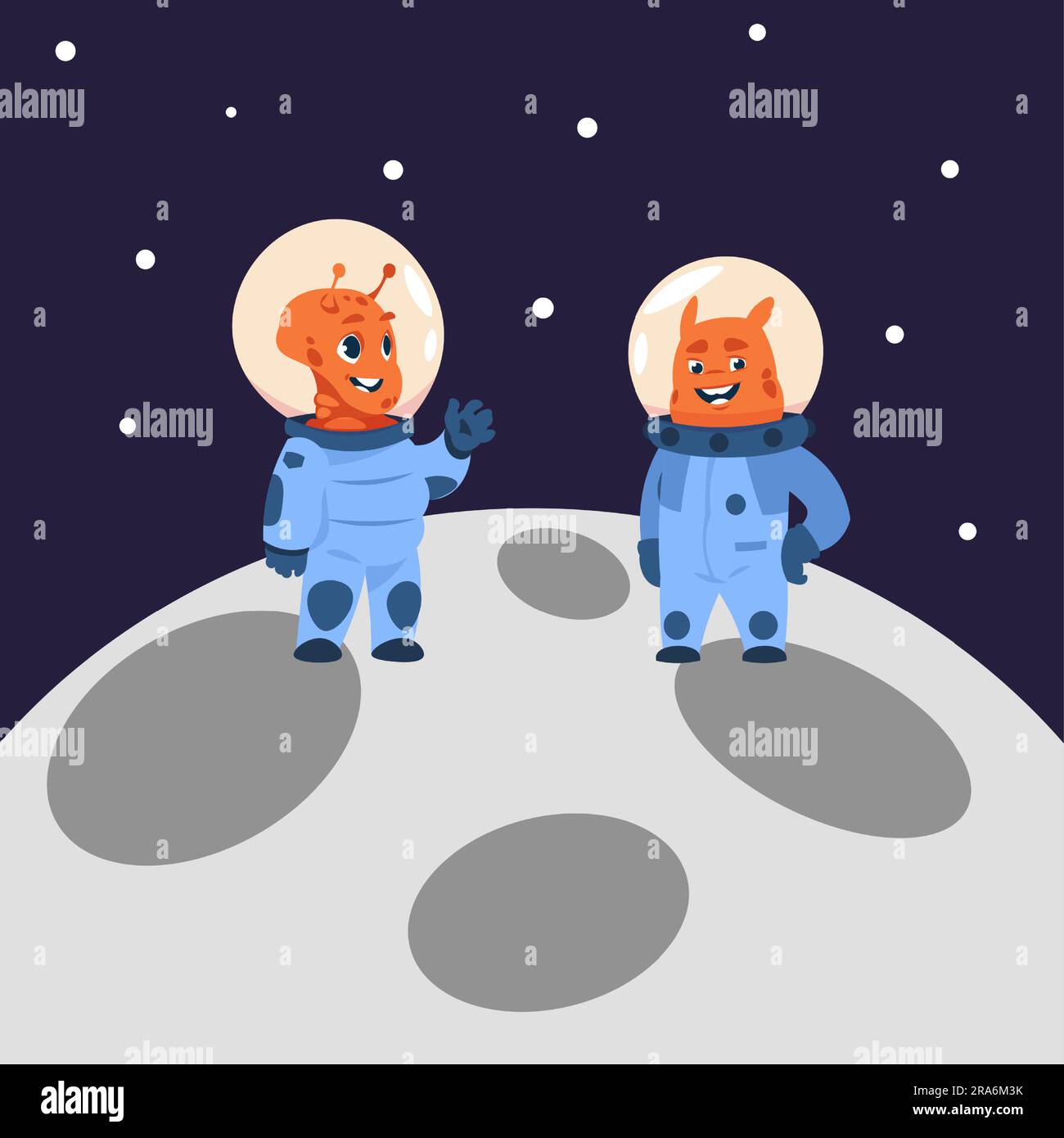 Cartoni animati cosmonauti alieni sulla luna. Avventure spaziali, simpatici mostri in tute spaziali con caschi. Animali fantasy nello spazio. Arte della parete del vivaio, adesivo o p Illustrazione Vettoriale