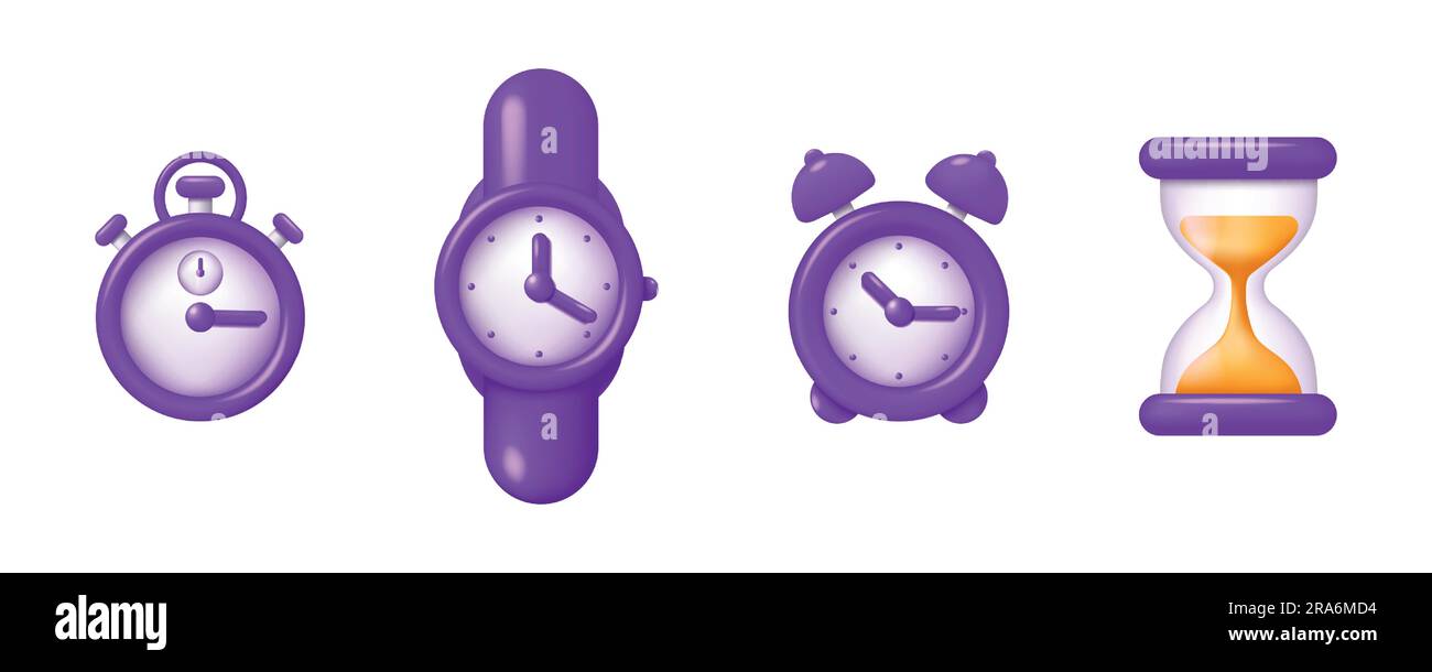 Orologio 3D. Misurazione del tempo. Icone del timer. Controllo velocità. Clessidra e orologio da polso. Rendering allarme o cronometro. Contatore dei minuti di arresto. Avviso di scadenza. Viola Illustrazione Vettoriale