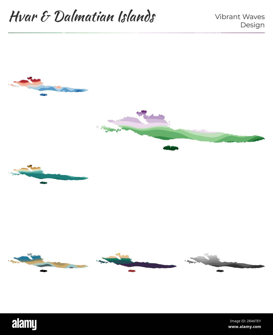 Serie di mappe vettoriali di Hvar e delle isole dalmate. Design dalle onde vibranti. Mappa luminosa dell'isola in stile geometrico con curve lisce. Illustrazione Vettoriale