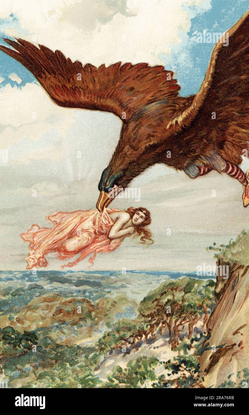 La didascalia dei primi anni '1900 recita: "Thjassi il gigante, nel suo piumaggio di aquila, volò giù e catturò Iduna." Idun è la dea della giovinezza – il suo nome significa “donatore dell’eterna giovinezza. Gli altri dei ricevono mele dorate da lei. Li conserva in un cesto, e tengono gli dei giovani fino alla fine del mondo. Idun è la figlia del nano Ivald ed è sposata con Bragi. Foto Stock