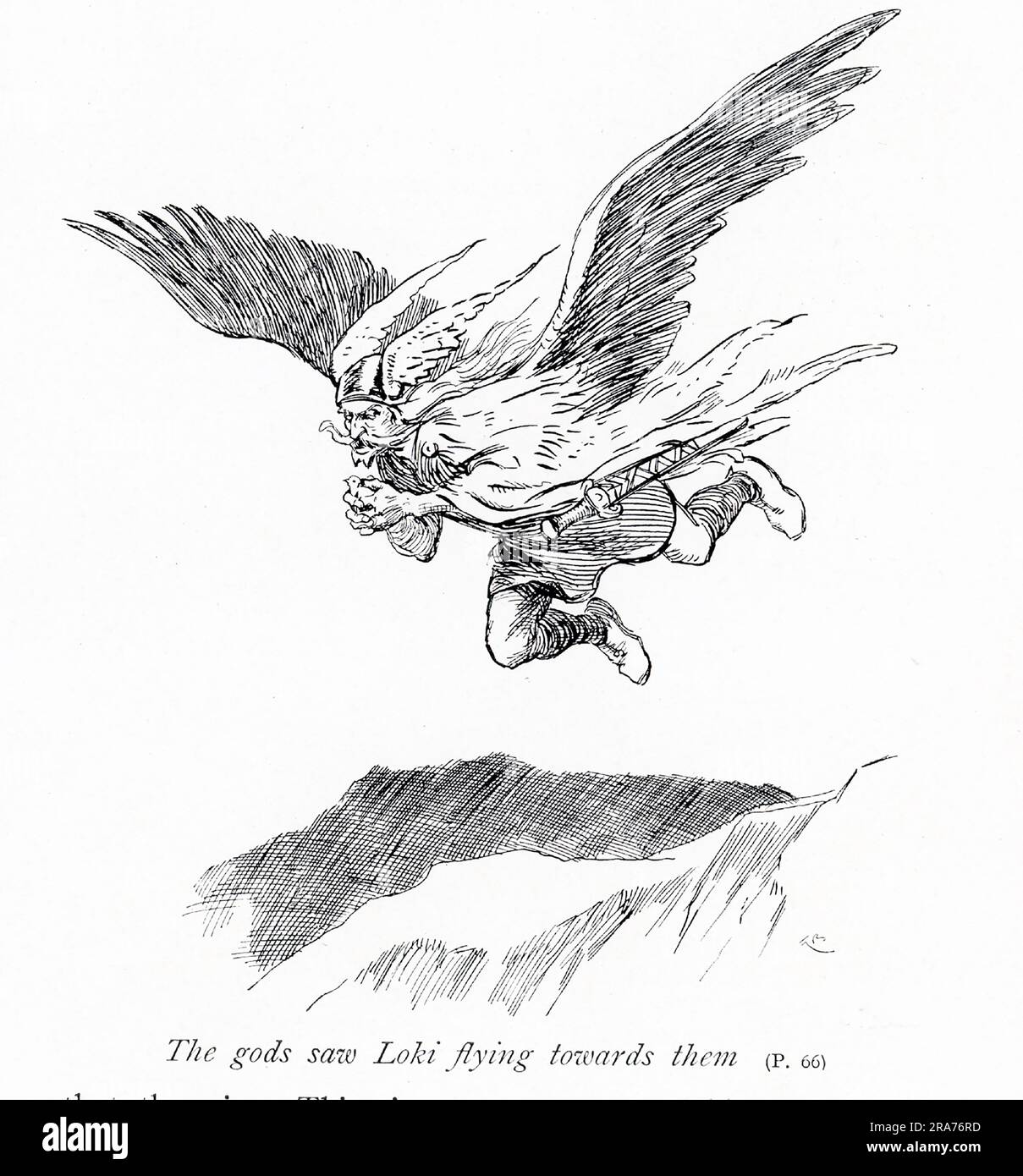 La didascalia dei primi anni '1900 recita: "Gli dei videro Loki volare verso di loro". Loki e' la personificazione/divinita' della malvagia. Egli uccise Baldr, il dio della gioia e della pace, e fu punito legandosi a tre lastre di pietra con le parentesi di suo figlio Narfi. Foto Stock