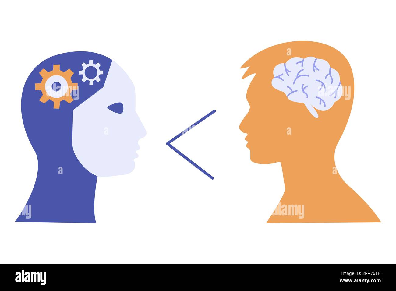 Silhouette testa umana e robot. Cervello umano contro parti meccaniche, ingranaggi. Uomo o intelligenza artificiale. Sviluppo tecnologico del futuro. Colo Illustrazione Vettoriale
