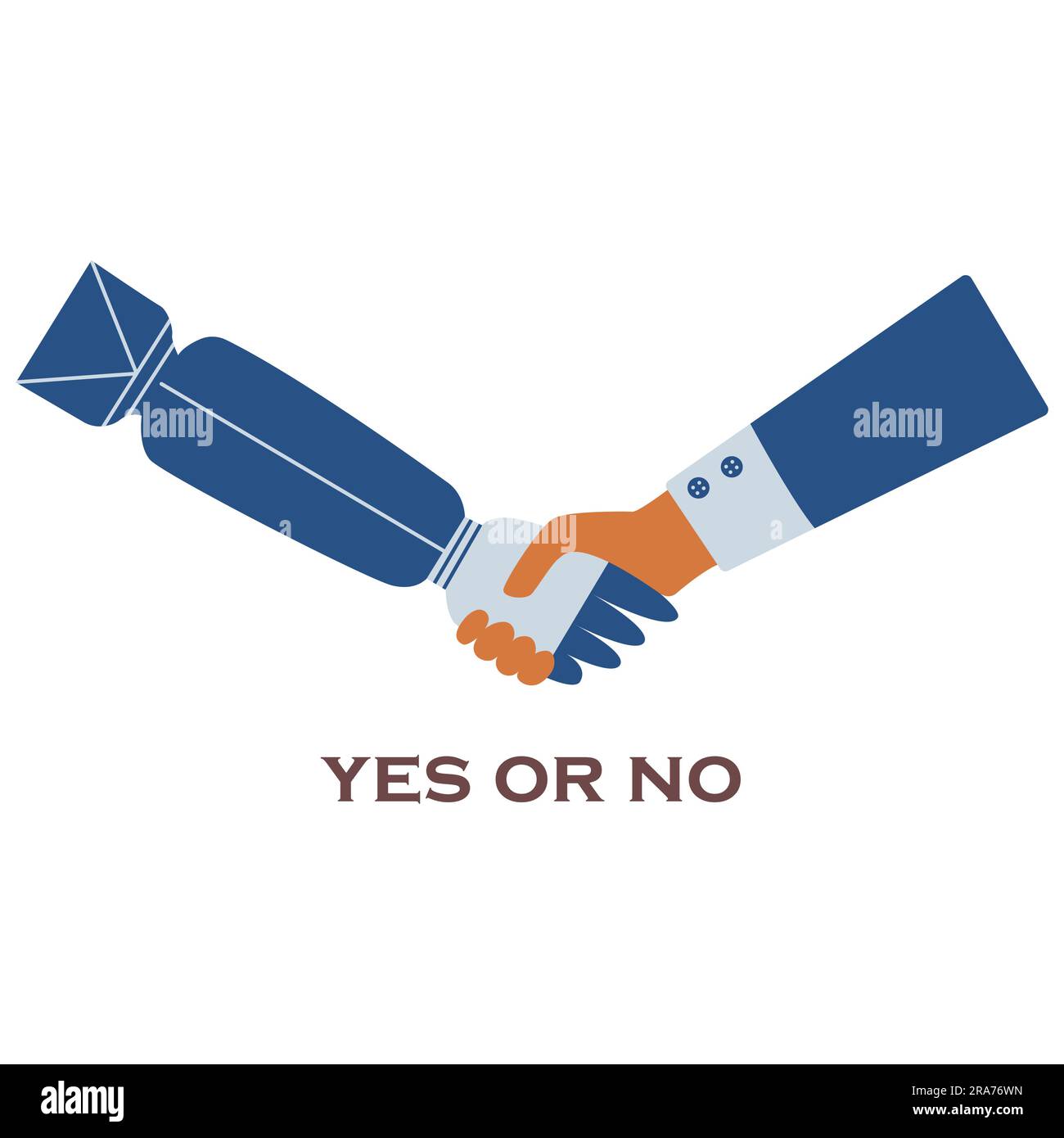 Stretta di mano tra umani e robot. Iscrizione sì o no Concetto di sviluppo tecnologico del futuro, l'intelligenza artificiale collabora con le persone Illustrazione Vettoriale