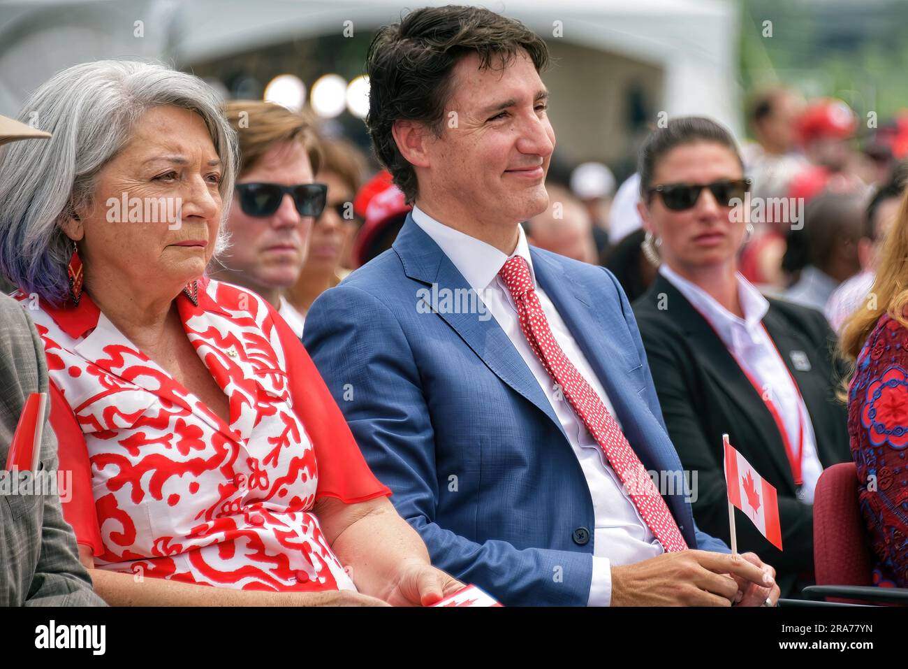 Ottawa, Canada - 1° luglio 2023: Il governatore generale Mary Simon e il primo ministro Justin Trudeau partecipano alla celebrazione del Canada Day a Lebreton Flats. Simon è Inuk e il primo indigeno a ricoprire la carica di Governatore generale. Foto Stock