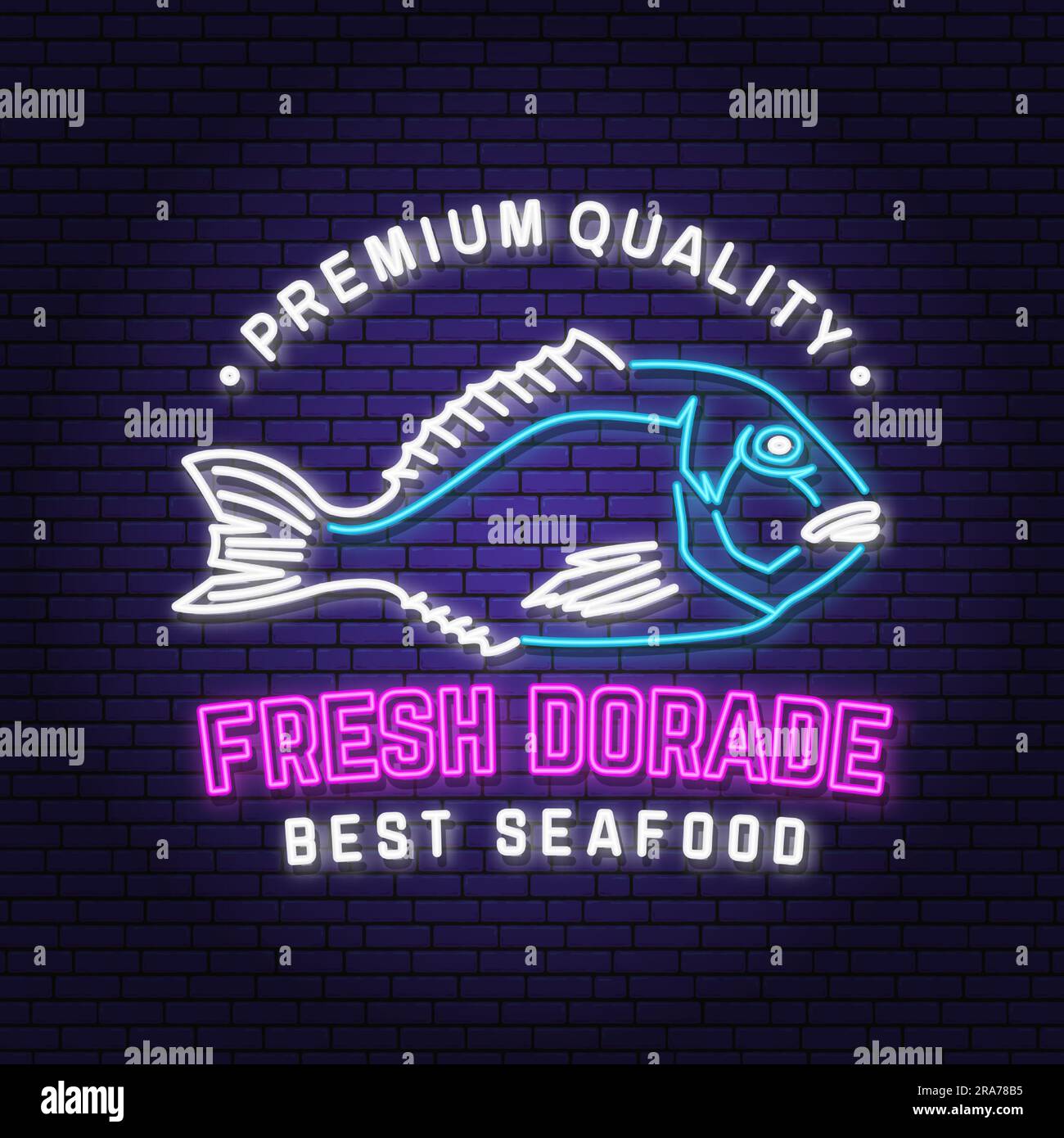 Il miglior pesce. Nuova insegna al neon dorata. Illustrazione vettoriale. Per emblema di pesce, insegna, toppa, camicia, ristoranti con menu, mercati del pesce, negozi. Insegna al neon Illustrazione Vettoriale