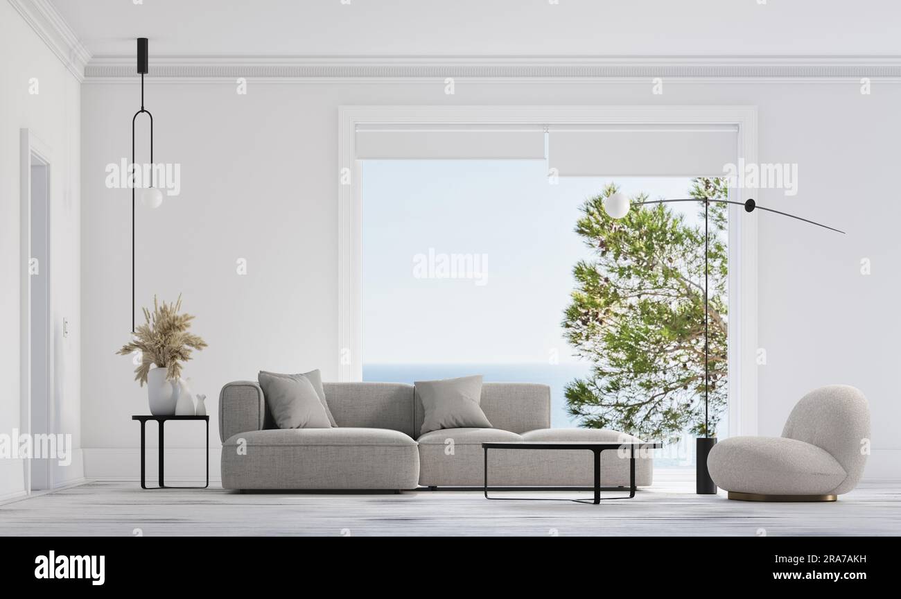 Rappresentazione 3d della Livingroom con pareti bianche e pavimento in legno. Divano e poltrona grigi con piantana nera. Grande finestra con vista del mare mediterraneo. Foto Stock