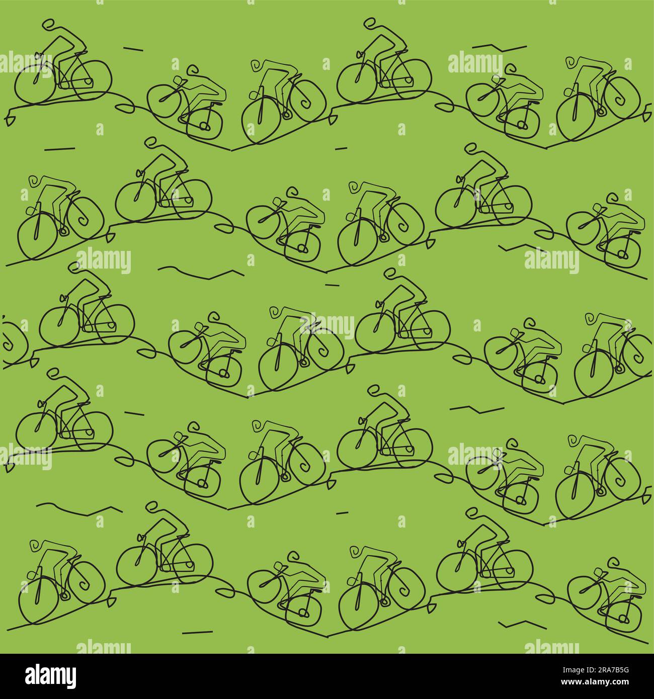 Mountain bike, line art stilizzata, divertente sfondo decorativo. Immagine di ciclisti in mountain bike che percorrono un terreno collinare, sfondo verde. Illustrazione Vettoriale