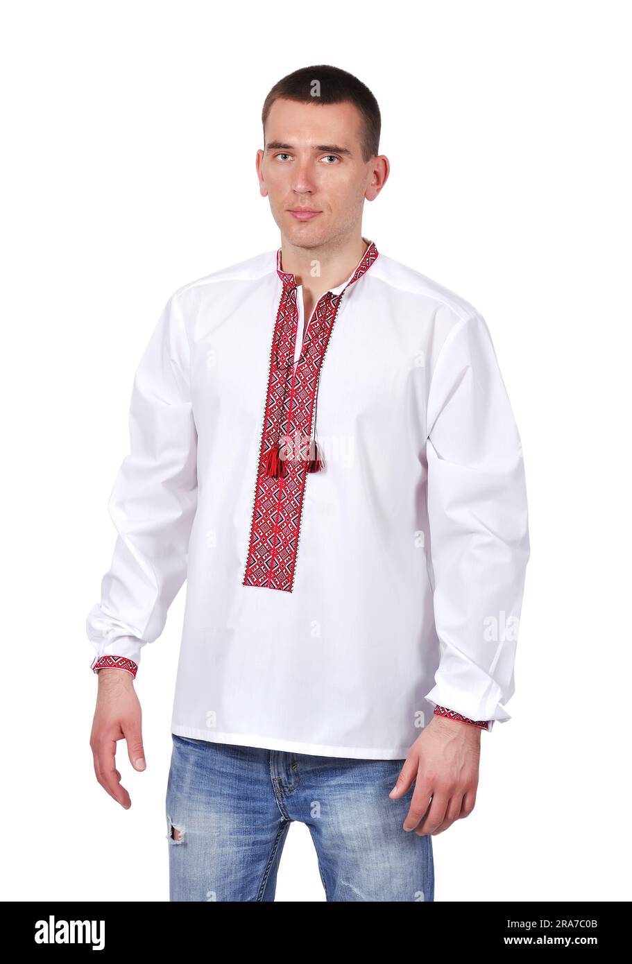 Camicia ricamata gay in ucraino su sfondo bianco Foto Stock