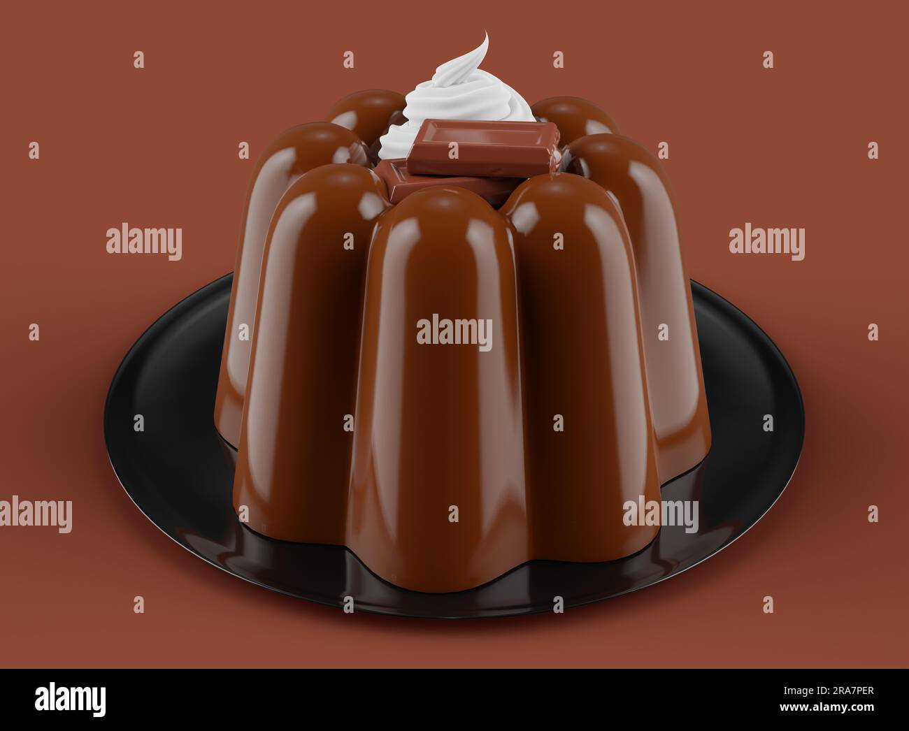 Succulenta delizia al budino al cioccolato con ricchi pezzi di cioccolato e un delizioso condimento con panna montata - 3D. Foto Stock