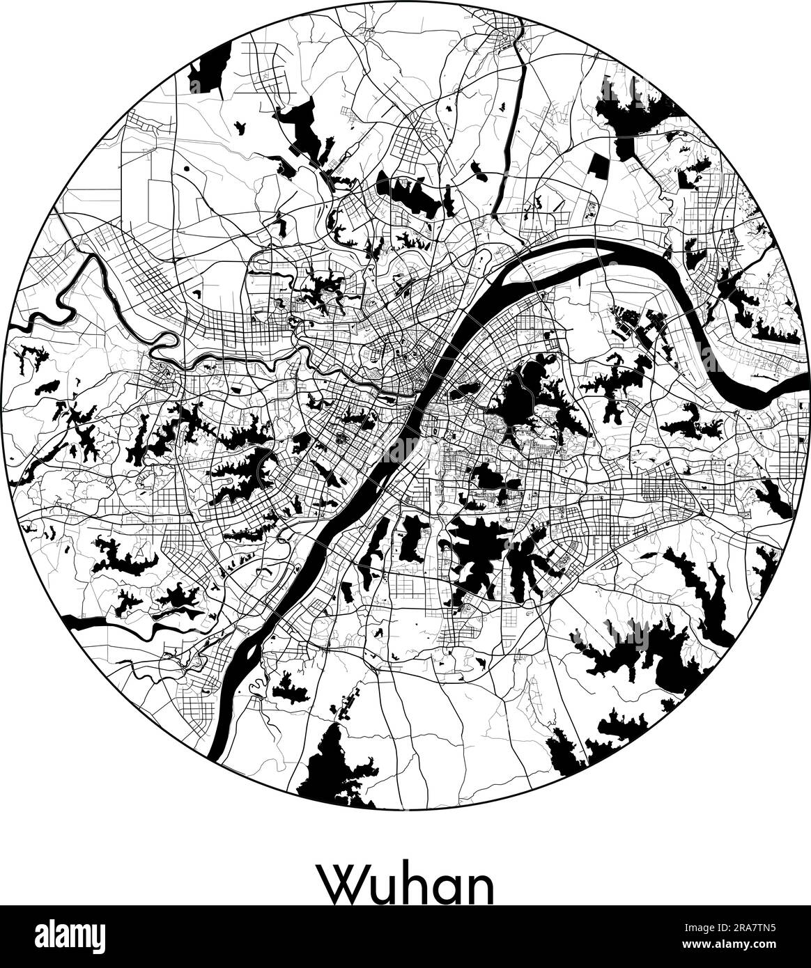 Mappa della città Wuhan Cina Asia illustrazione vettoriale bianco e nero Illustrazione Vettoriale