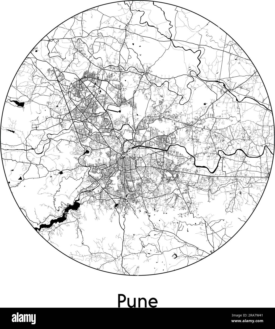 Mappa della città Pune India Asia illustrazione vettoriale bianco e nero Illustrazione Vettoriale