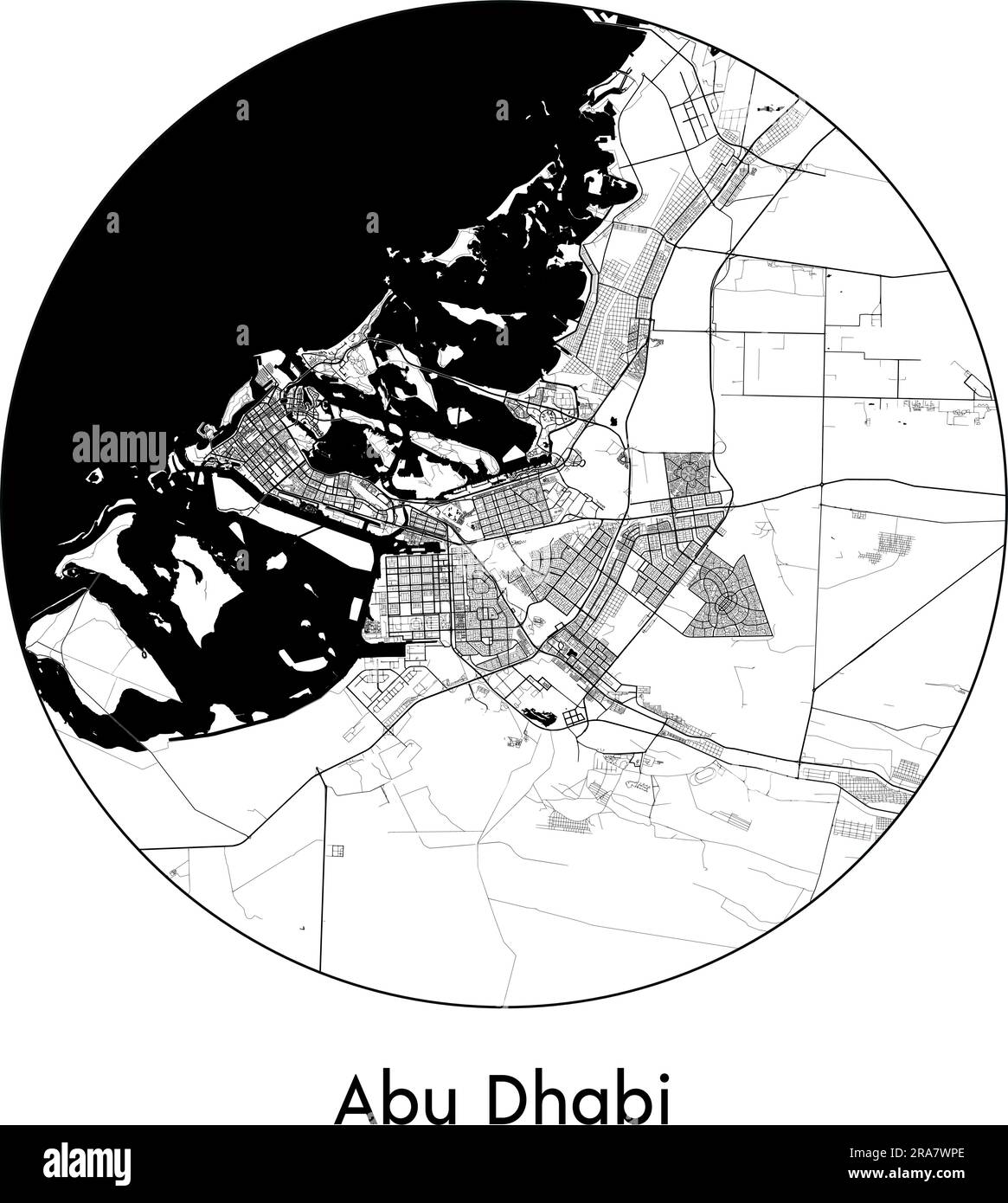 Mappa della città Abu Dhabi Emirati Arabi Uniti Asia illustrazione vettoriale bianco e nero Illustrazione Vettoriale