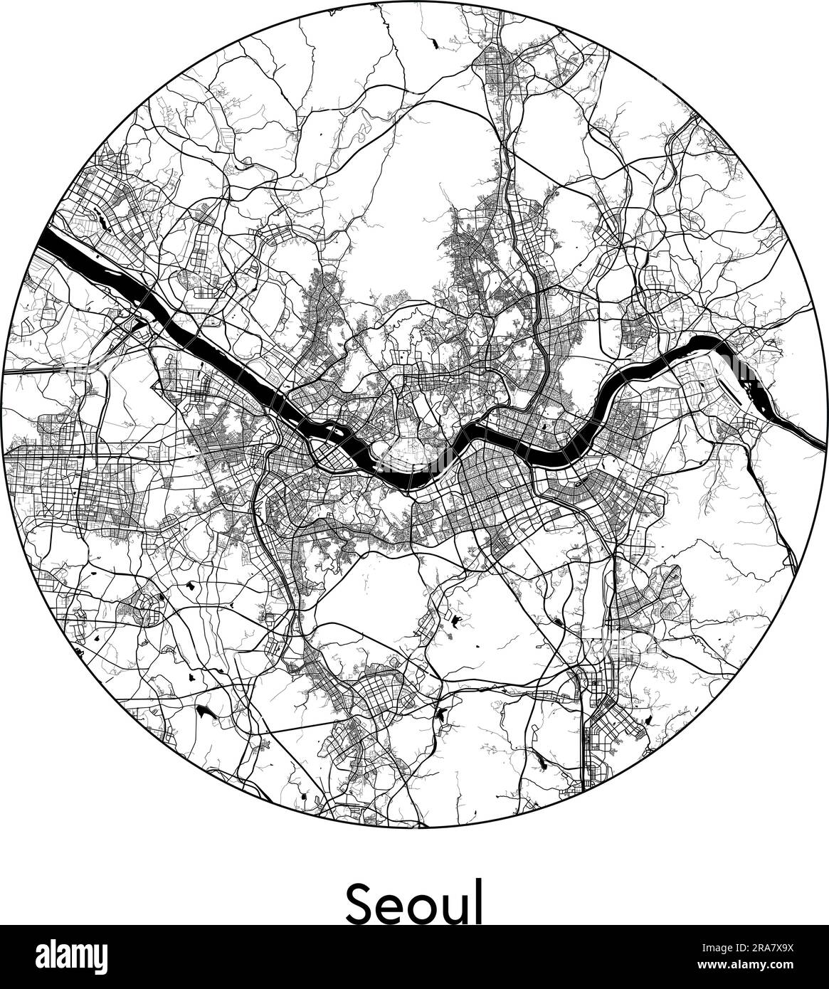 Mappa della città Seul Corea del Sud Asia illustrazione vettoriale bianco e nero Illustrazione Vettoriale