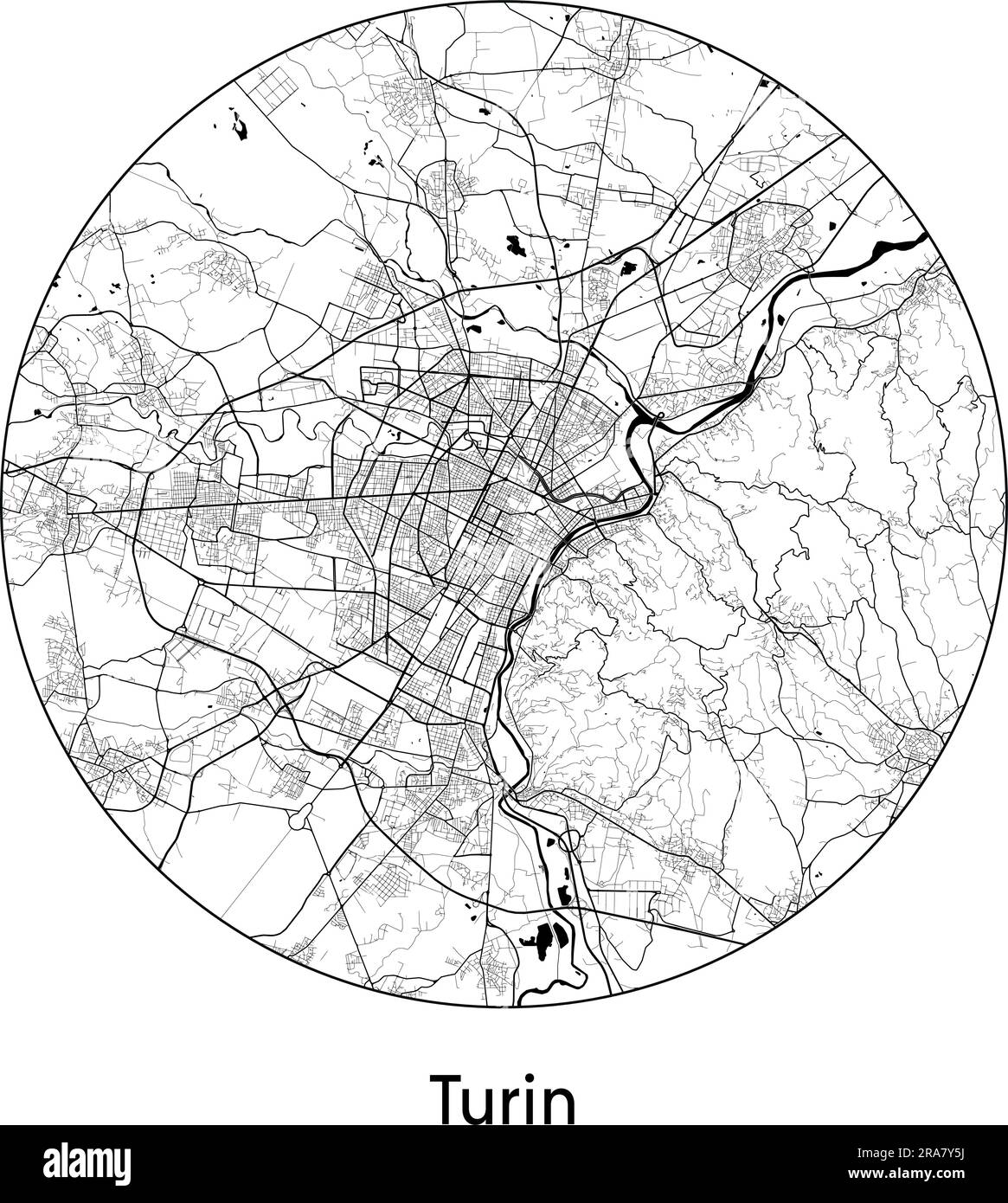 Mappa della città Torino Italia Europa illustrazione vettoriale bianco e nero Illustrazione Vettoriale