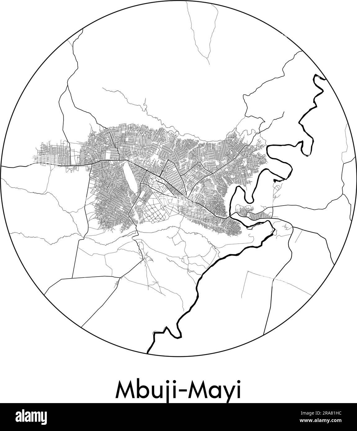 Mappa della città Mbuji-Mayi Repubblica Democratica del Congo Africa illustrazione vettoriale bianco e nero Illustrazione Vettoriale